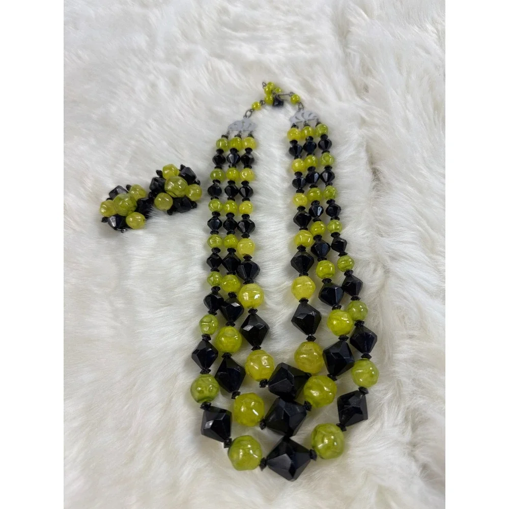Vintage Hong Kong Lime Green Black Beaded 3‎ Strand Necklace Clip Earring Set